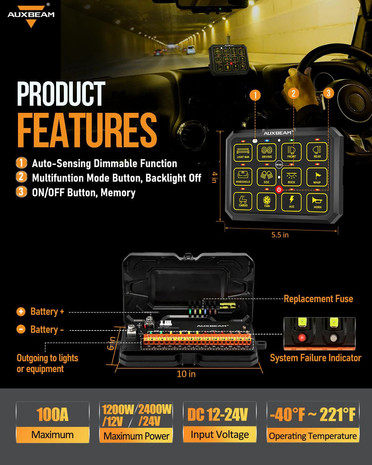 Auxbeam RGB 12 Gang switch panel